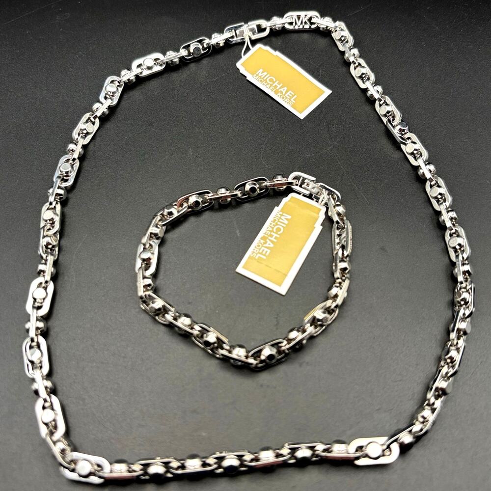 Michael Kors Astor Link Bracelet & Necklace Set Silver Tone Womens Jewelry NIBWT